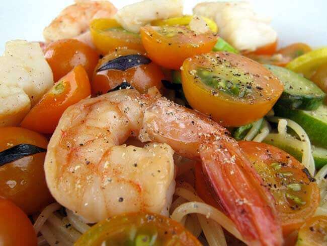Shrimp & Scallops Tossed with Cherry Tomatoes, Basil & White Wine