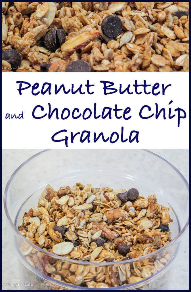 Peanut Butter Chocolate Chip Granola--salty, sweet, and addictive for eating out of hand! Healthy with nuts and whole grains also!