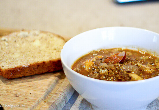 Spanish Lentil Soup with Sausages and Apples--even better the second day!