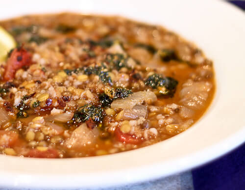 lentil and bulghur soup with minted garlic olive oil butter