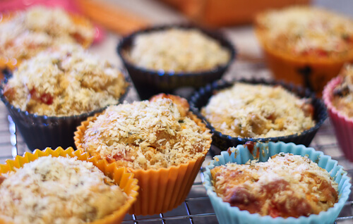 Savory Tomato and Olive Muffins Topped with Panko Crumbs