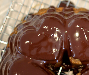 Chocolate Ganache on heart shaped bundt cake with banana