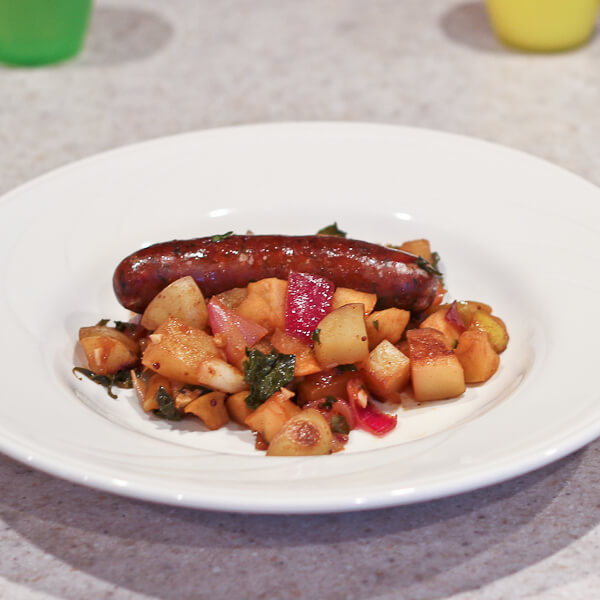 Smoked Sausages on Potatoes and Apples