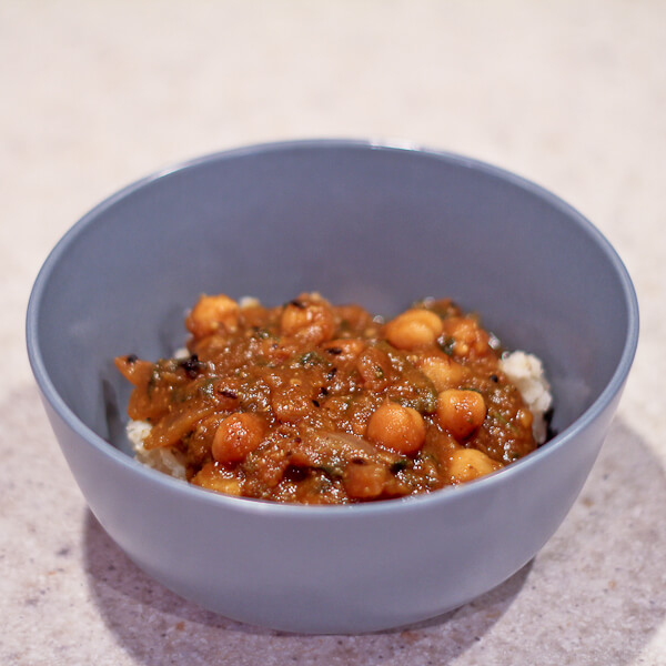 Child's portion of Indian curried pumpkin and chickpeas
