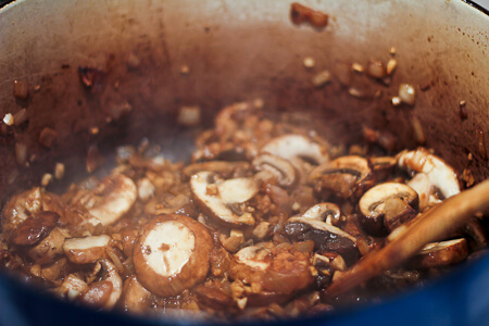 browning mushrooms and onions for chicken soup