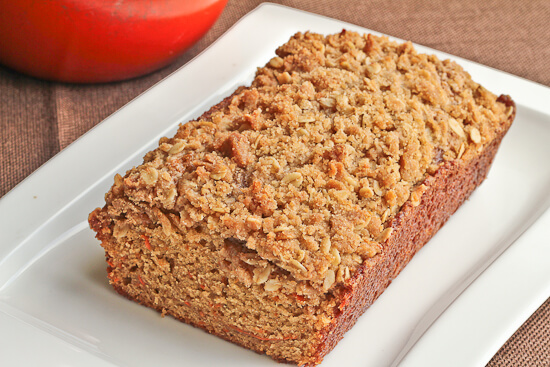 Quick Bread with Shredded Carrots and Spices, topped with Oat Streusel