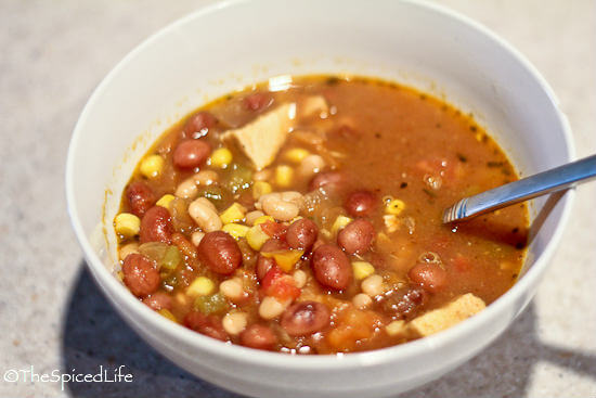 Brothy Chicken Soup with Mexican Spices, Heirloom Beans and Corn