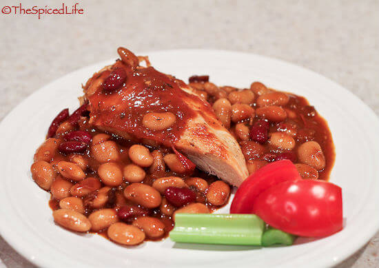 Bourbon Bacon Beans over Seared and Baked Chicken Breasts