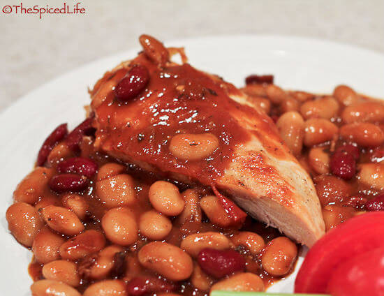 Bourbon Bacon Beans over Seared and Baked Chicken Breasts