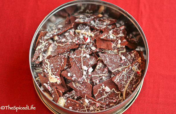 Cocoa cookie drizzled with bittersweet and white chocolates and topped with crushed candy canes