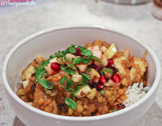 Curried Red Lentils and Split Peas with Mixed White Fish and an Apple Pomegranate Relish