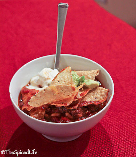 Smoky Beef Brisket and Bean Chili Topped with Nachos for the Slow Cooker