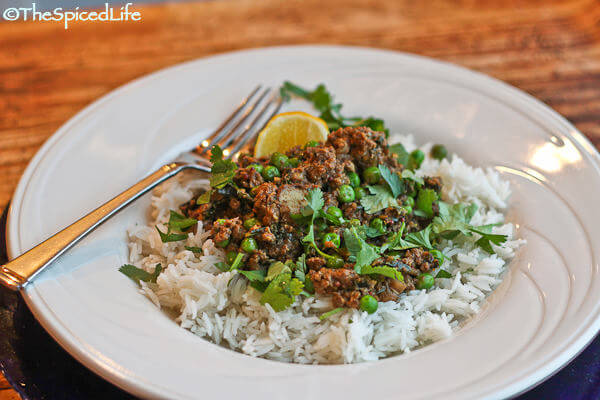 Kheema (Indian Ground Mushroom-Beef Curry) with Kale and Peas
