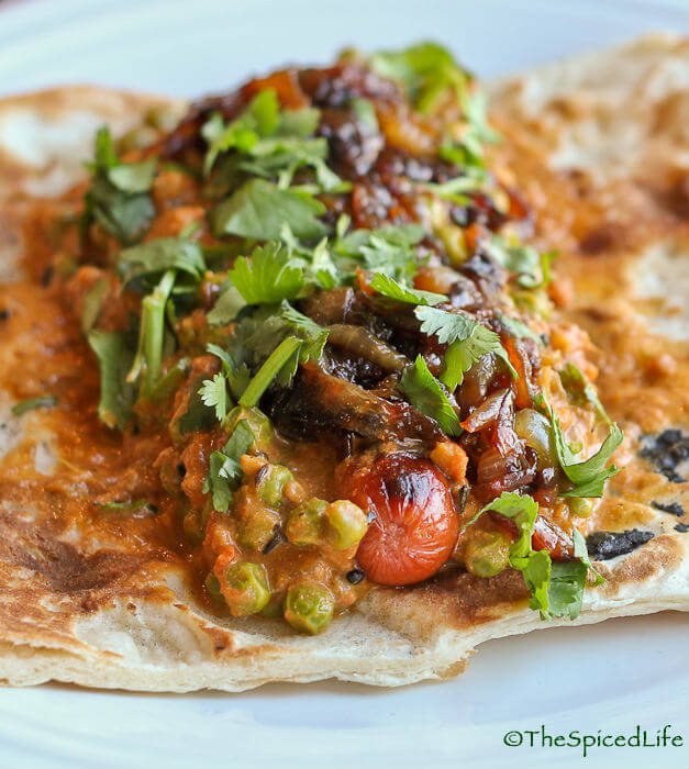 Hot Dog with Masala Peas and Caramelized Onions
