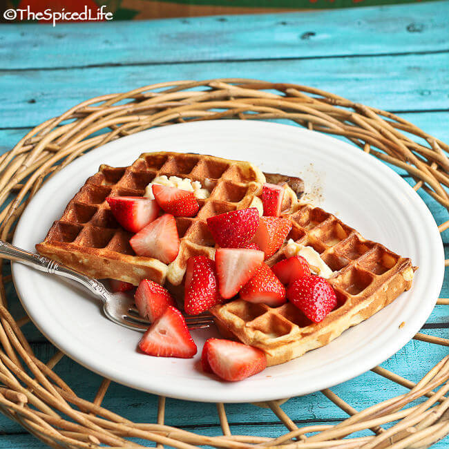 Ricotta-Yogurt Waffles Topped with Strawberries Lightly Macerated in Sugar