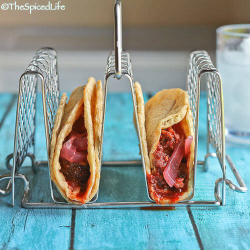 Ancho and Beer Braised Brisket Tacos with Pickled Red Onions--in the slow cooker!