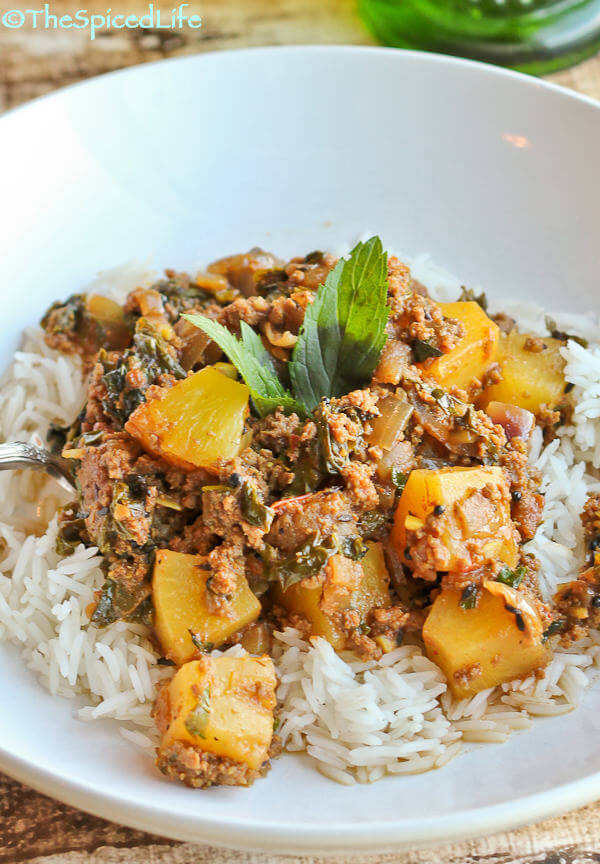 Pineapple and Beef Kheema with Kale and Pancho Phoron (Indian Ground Beef Curry made easy with canned pineapple)