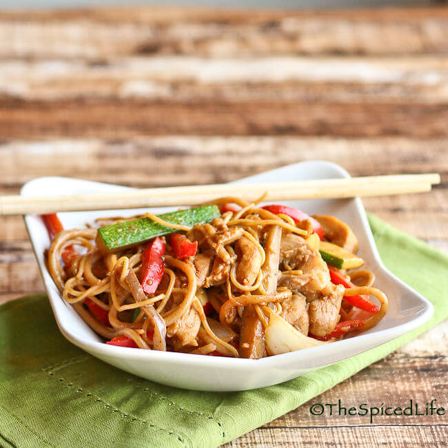 Noodles and Vegetables Stir Fried with a Asian Inspired Peanut Butter Sauce
