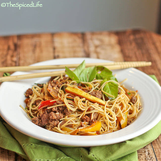 Thai Stir Fried Angel Hair Noodles with Ground Beef, (Chile or Bell) Peppers, Garlic and Basil