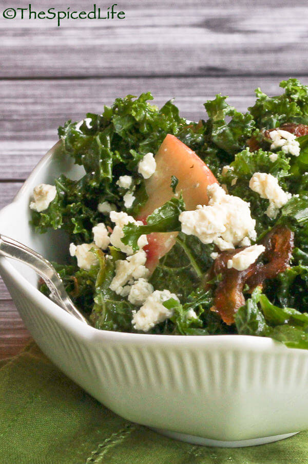 Massaged Kale Salad with Dates, Candy Onions, Blue Cheese and Peaches