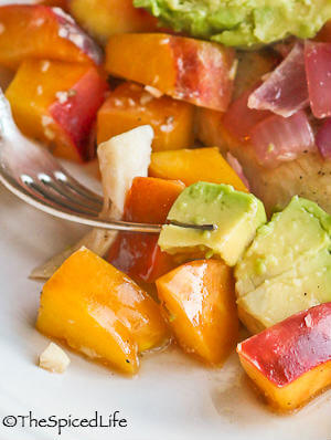 Mahi Mahi Roasted Over Peaches and Nectarines: choose any white fish and roast it over seasonal fruit!