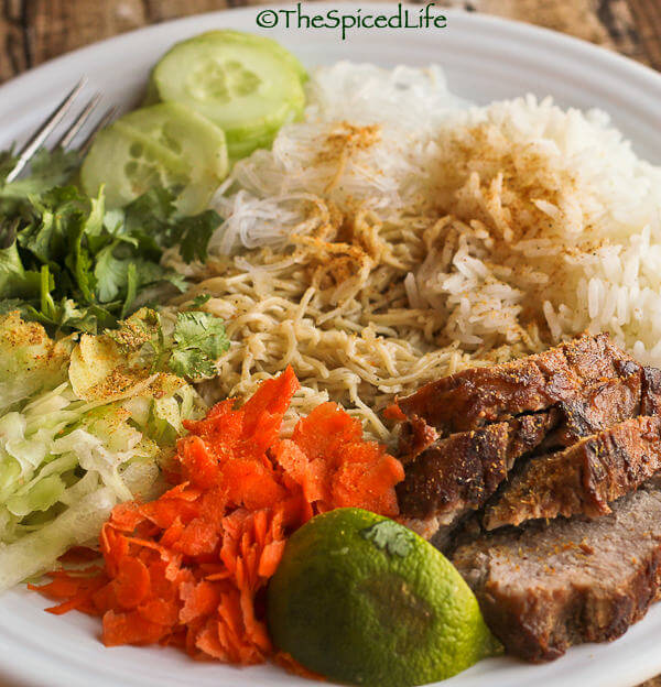 Noodle Salad from Myanmar with Fish Sauce and Roasted Pork