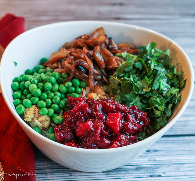 Indian Burrito Bowl with Ground Turkey, Cauliflower, Caramelized Onions, Peas and a Sweet and Sour Chutney of your choice! (I chose cranberry)