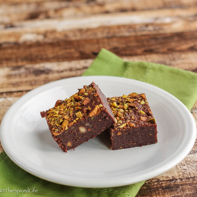 Flourless Fudgy Brownies with Pistachios and Macadamia Nuts