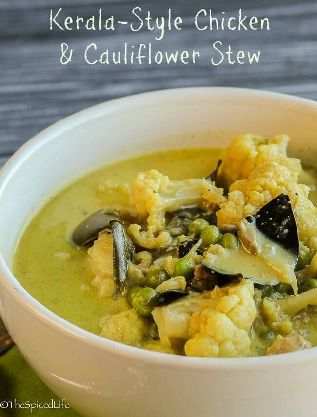 Kerala-Style Chicken and Cauliflower Stew--super healthy from the cauliflower (which subs for potatoes) and super easy from using canned coconut milk! This is a weeknight winner!
