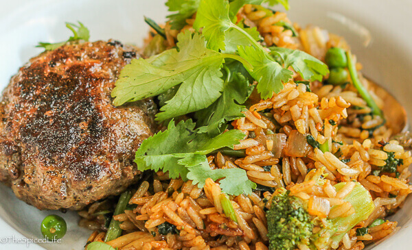 Thai Burgers with Mushroom-Broccoli Fried Rice--great fast, easy, delicious dinner!