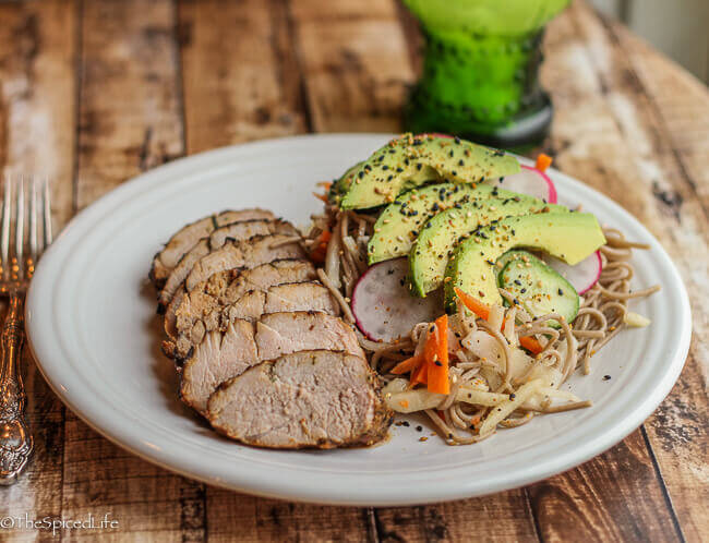 Shichimi Togarashi Roasted Pork Tenderloin with Spicy Gomasio on Soba Noodles with Veggies: It sounds complicated but is actually quite simple and absolutely delicious!