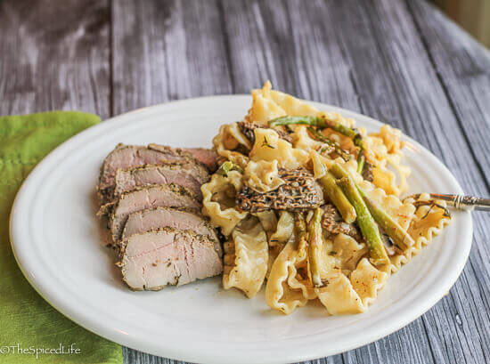 Mafalde Pasta with Morel Mushrooms and Asparagus served with Pork Tenderloin--delicious and easy spring meal!