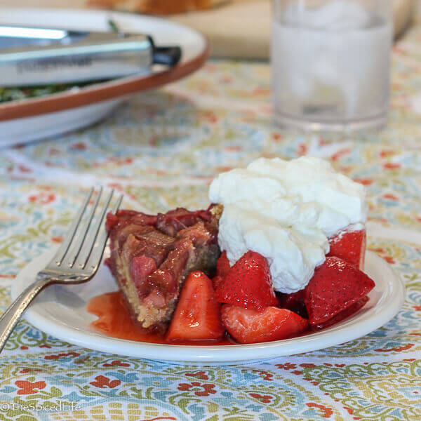 Upside Down Rhubarb Cake served with  Rhubarb-Sugar Marinated Strawberries--an AMAZING spring dessert!