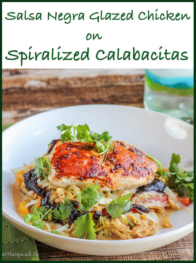 Spiralized Calabacitas with Salsa Negra Glazed Chicken--a flavorful, Mexican-inspired dinner that makes the most of your zucchini harvest!