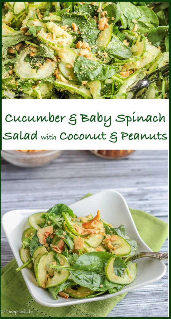 Cucumber Baby Spinach Salad with Coconut and Peanuts: This unusual, healthy salad is surpirizingly delicious--refreshing, crunchy and rich with nutrients!