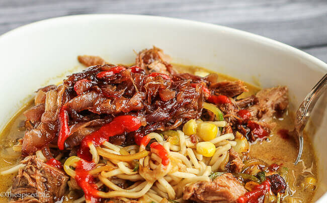 Leftover Pot Roast Ramen Bowl: Take any leftover pot roast--in this case a fabulous Malaysian Pork Shoulder in Caramelized Soy Sauce--and turn it into a fantastic ramen bowl the next night!