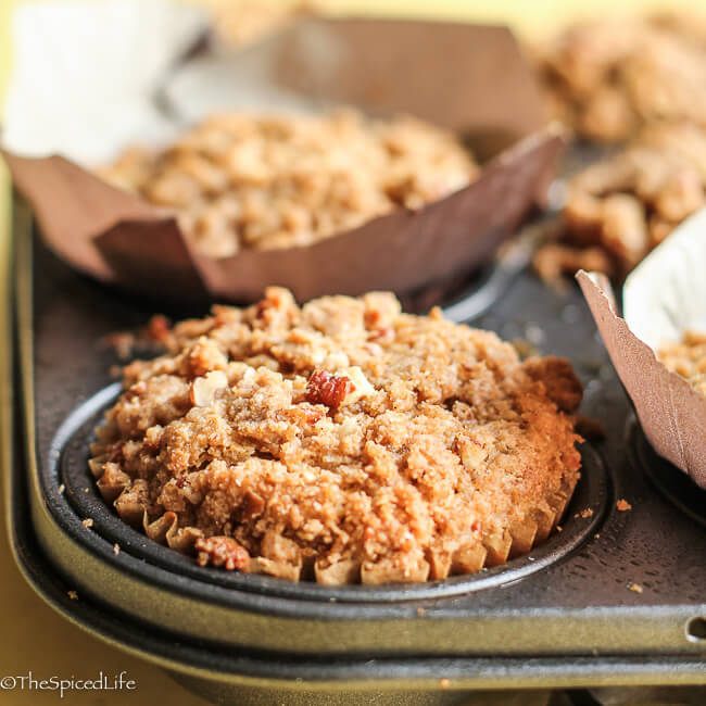 Sour Cream Peach Muffins with Pecan Streusel--easy, fun to bake with kids, delicious, and full of healthy ingredients!