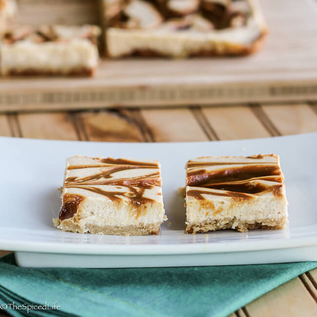 Caramel Swirled Cheesecake Bars--unbelievable easy and so delicious! Completely from scratch!