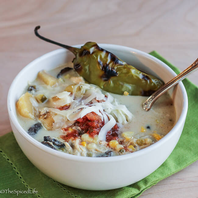 Hatch Chile Corn Chowder with Mushrooms and Chicken--make the most of your late summer and early fall harvest with this fantastic southwestern soup! Easy to make in a slow cooker and a healthy, delicious choice the whole family will love!