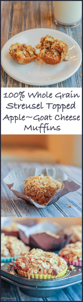 Apple Oatmeal and Goat Cheese Muffins: 100% Whole Grain and with a streusel top: healthy, delicious, not too sweet--perfect for breakfast!