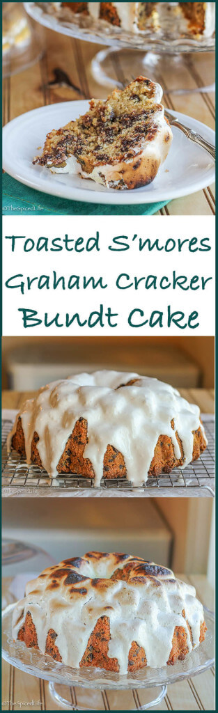 Toasted S'mores Graham Cracker Bundt Cake: a graham cracker cake filled with chocolate chip and swathed in toasted marshmallow fluff does a pretty darn good job of emulating your favorite summer treat!