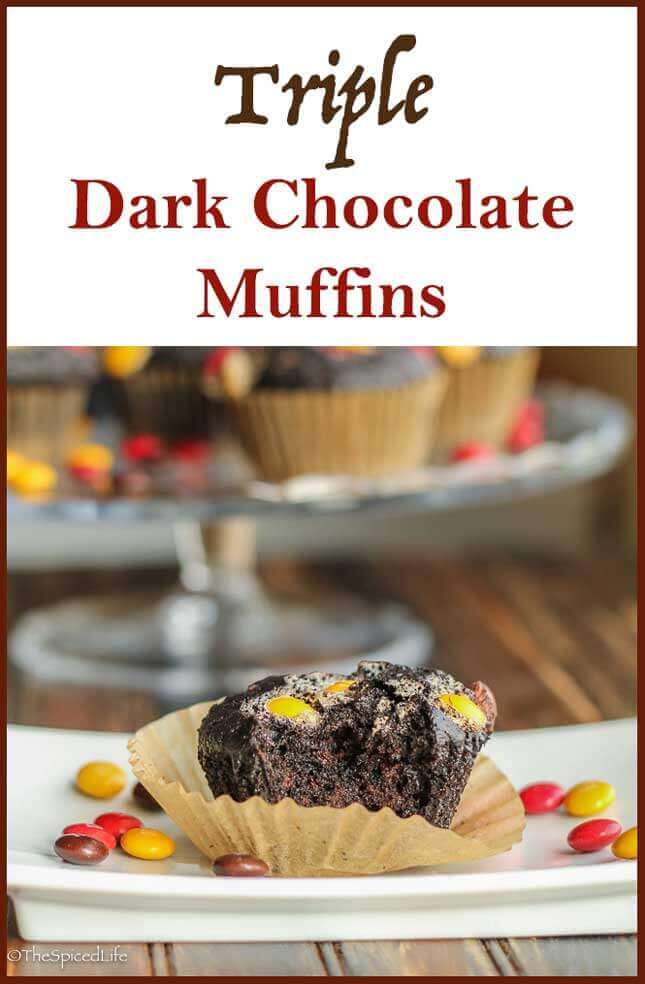 Triple Dark Chocolate Muffins are an awesome treat for kids! Fast, easy, made with almost half whole grain flour, and seriously, seriously CHOCOLATE!