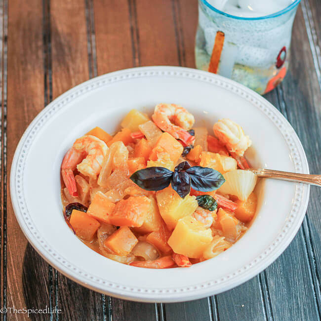 Shrimp, Pineapple and butternut Squash Curry is perfect for a weeknight! Comes together fast, so you can get dinner on the table quickly, and is absolutely delicious!