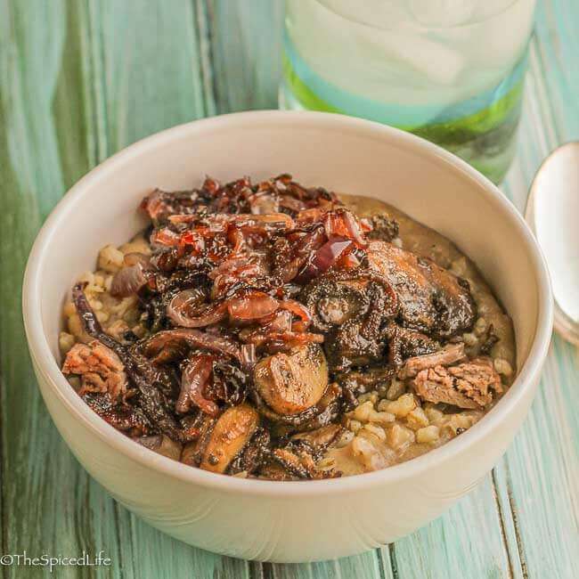 The Food of Oman reviewed: Harees (Omani Savory Beef and Wheat Porridge) with Caramelized Onions and Mushrooms: this comfort food at its finest! This meal is a warming and filling dinner perfect for a cold winter night!