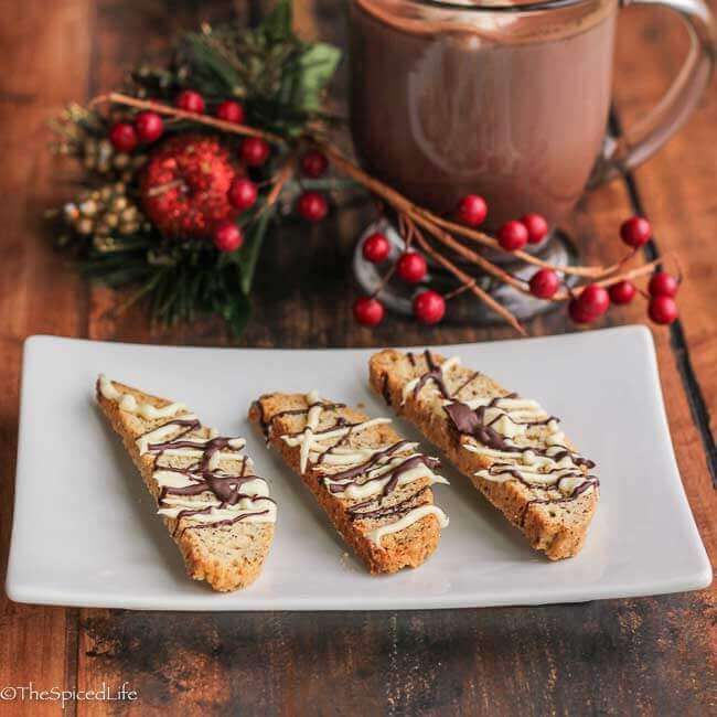 Biscotti drizzled with dark chocolate and peppermint white chocolate