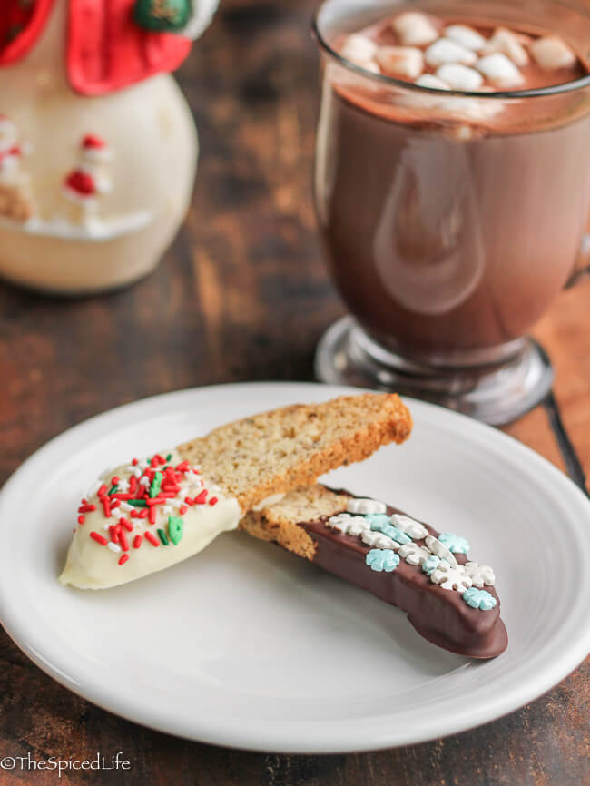 Biscotti dipped in dark chocolate and white chocolate with sprinkles
