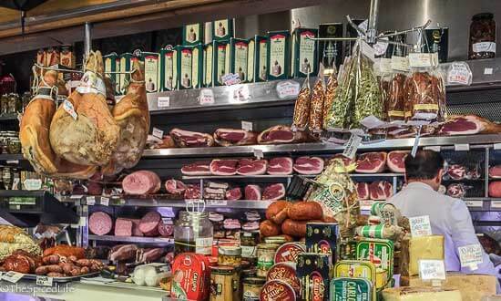 Meat and cheese counter in Testaccio, Rome, Italy