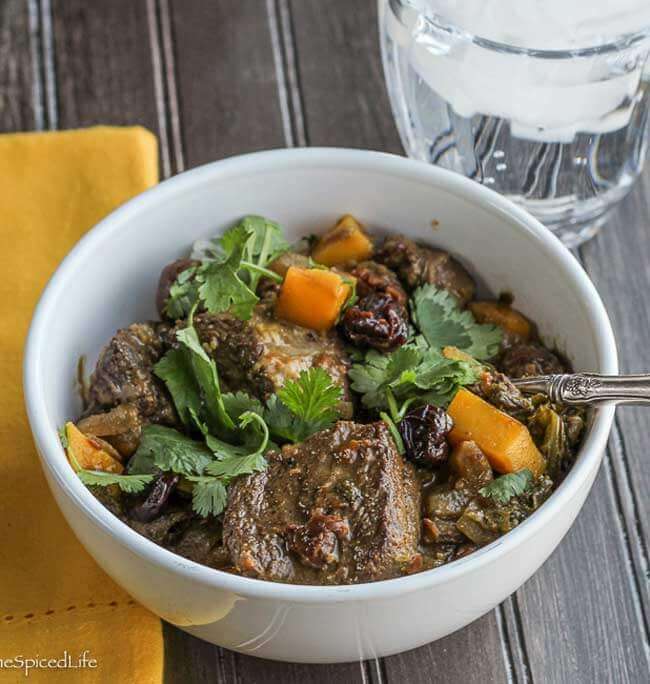 Parsi Braised Beef with Dried Cherries, Greens and Mango