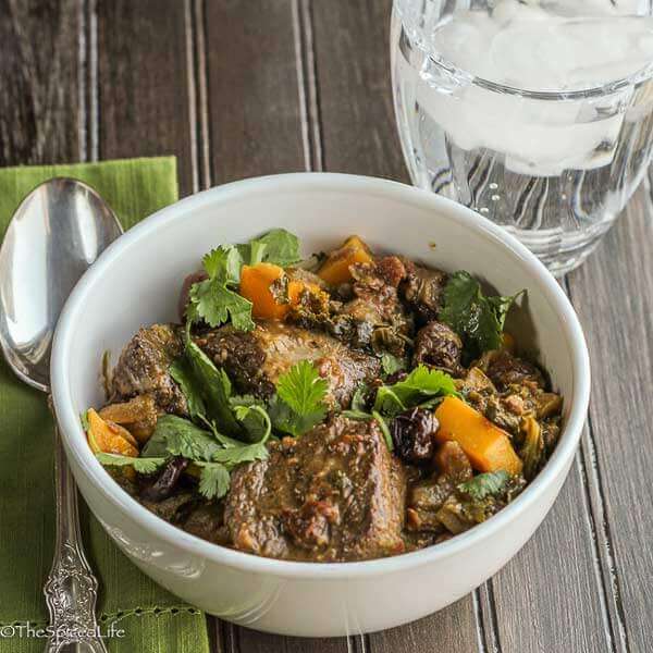 Parsi Braised Beef with Dried Cherries, Greens and Mango
