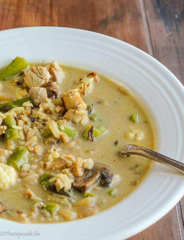 Curried Chicken Soup with Asparagus and Mushrooms